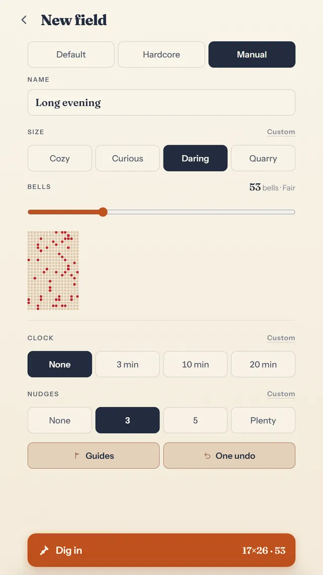 Building a new field: size, bells, clock, nudges, guides and undo