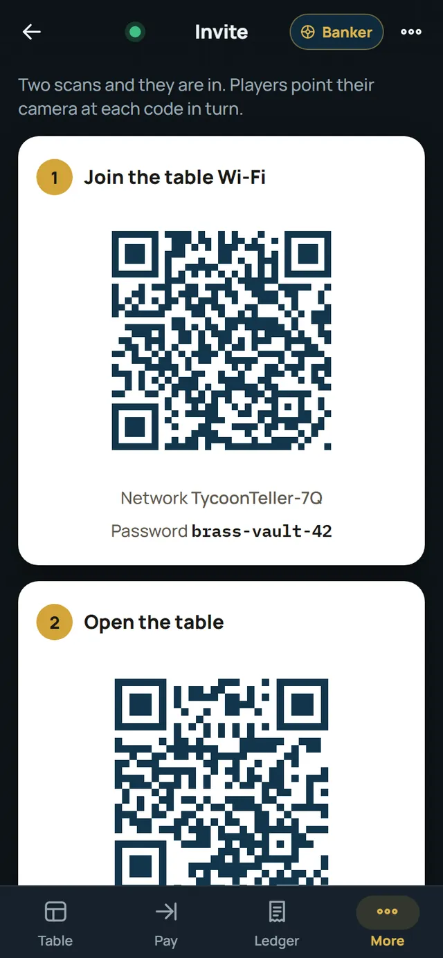 Hotspot invite screen with two QR codes: join the table Wi-Fi, then open the table