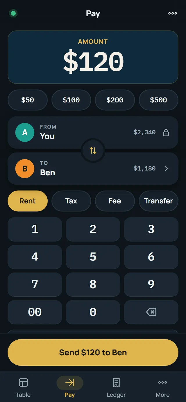 Pay screen on a player's phone, paying from their own seat