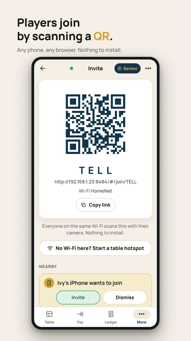 Invite screen with a QR code players scan to join