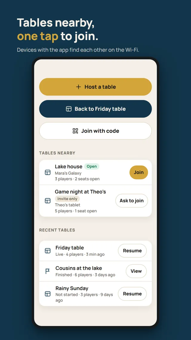 Tables nearby on the same Wi-Fi, one tap to join