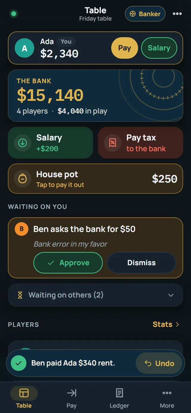 Tycoon Teller table screen showing the bank, salary and pay tax tiles, and a pending request