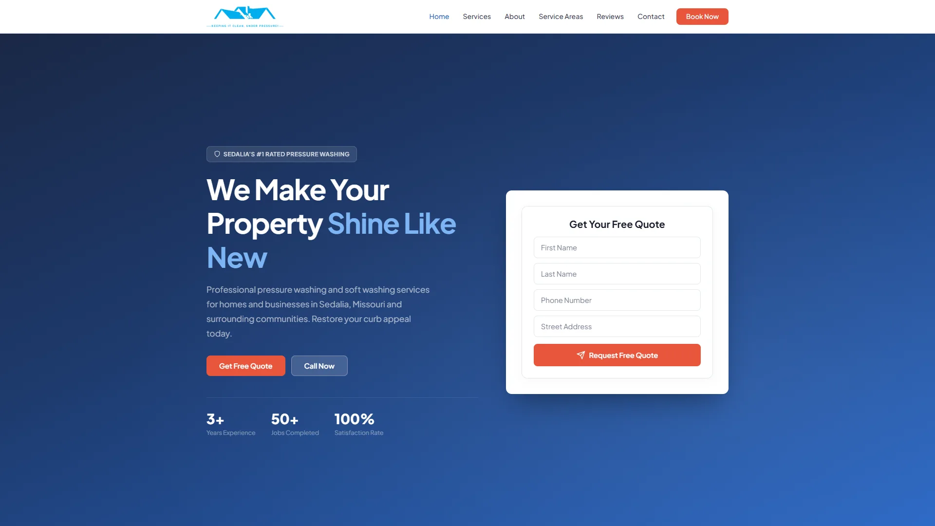 Pinnacle Pressure homepage with quote form in the hero